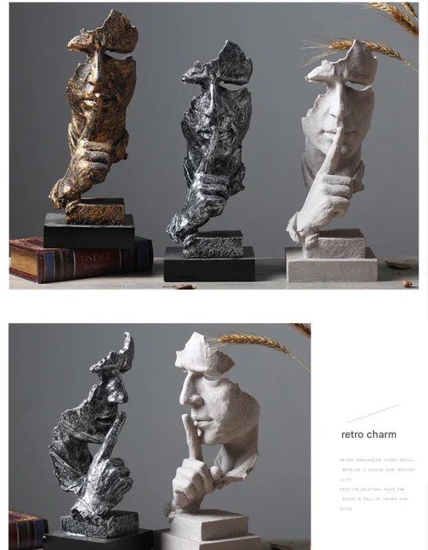 Silver Modern 'Silence is Golden' Abstract Sculpture - Nordic Resin Art Statue for Office & Living Room Decor - Mekamart Australia