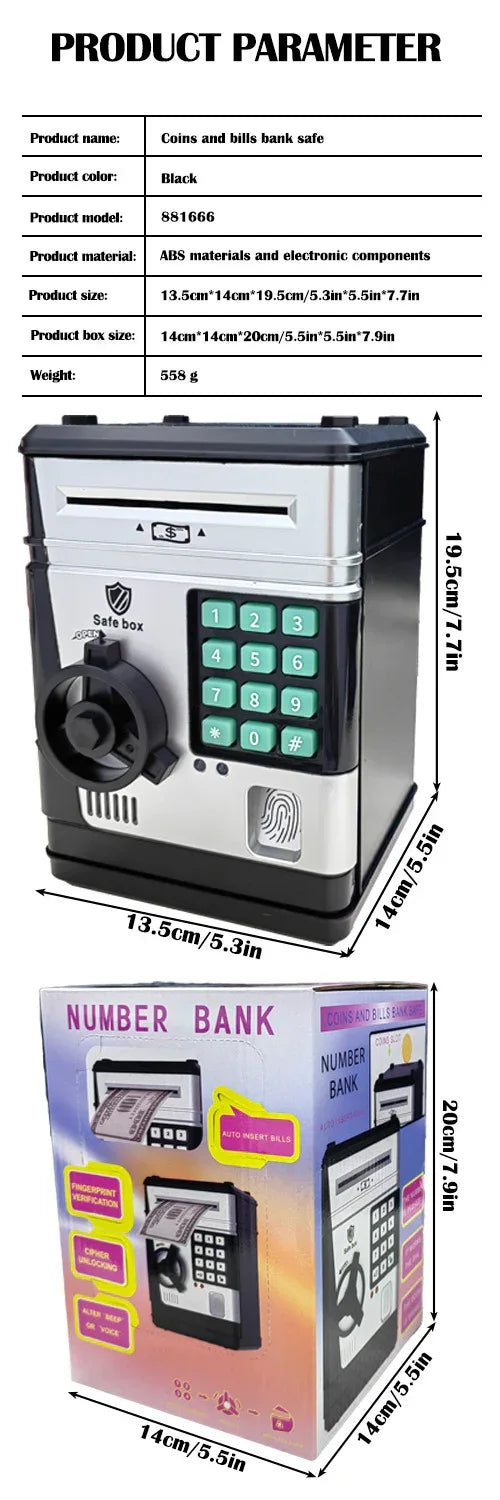 Electronic Piggy Bank Safe Box for Kids - Automatic Bill & Coin Bank with Password Protection, Music & Lights(black) - Mekamart Australia