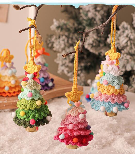 2 Pcs Style A Yellow and Pink Handmade Crochet Christmas Tree Ornament - Festive Hanging Decoration with Jingle Bell - Mekamart Australia