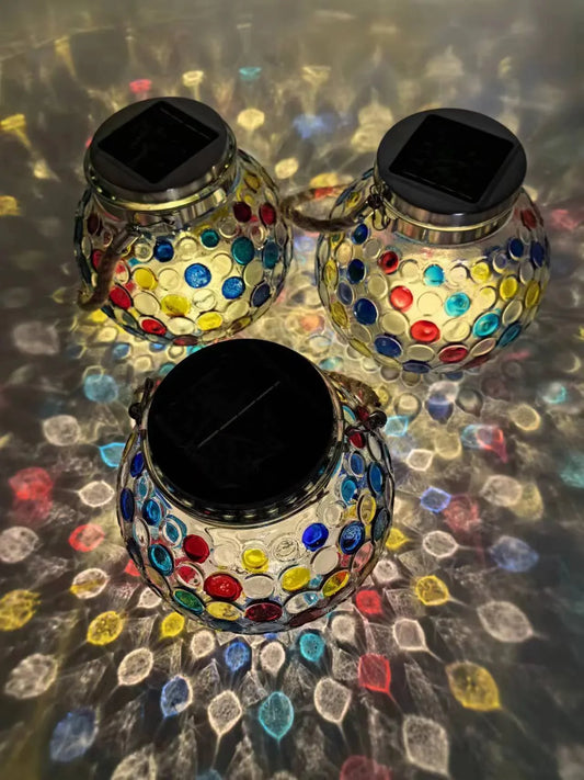 Colorful White Light Mosaic Solar Lantern - Decorative Stained Glass Jar Light for Garden Patio and Tabletop Decor - Mekamart Australia