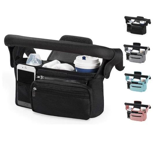 Pink and Black Stitching Universal Stroller Organiser Caddy with Insulated Cup Holders and Detachable Wristlet - Mekamart Australia