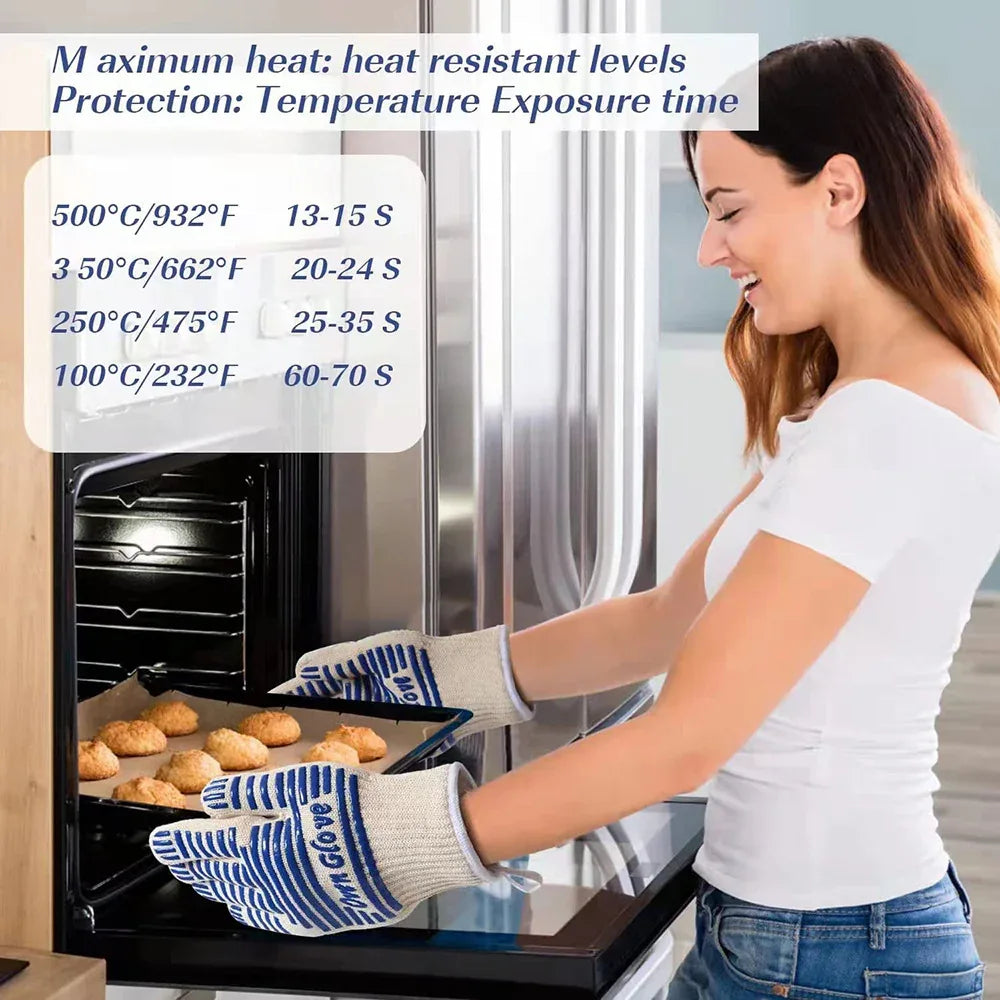 Blue and White Extreme Heat Resistant BBQ Gloves - Cut-Resistant Oven Mitts with Non-Slip Silicone Grip - Mekamart Australia