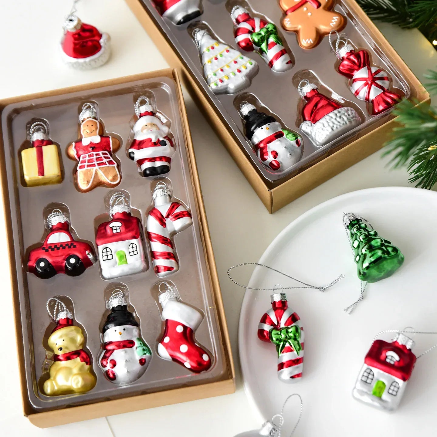 Style B Colorful Whimsical Miniature Glass Christmas Ornament Set - 9pc Retro Holiday Collection - Mekamart Australia
