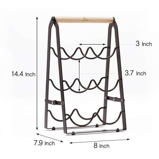Rustic 6-Bottle Foldable Wine Rack - Metal Countertop Holder with Wooden Handle - Mekamart Australia