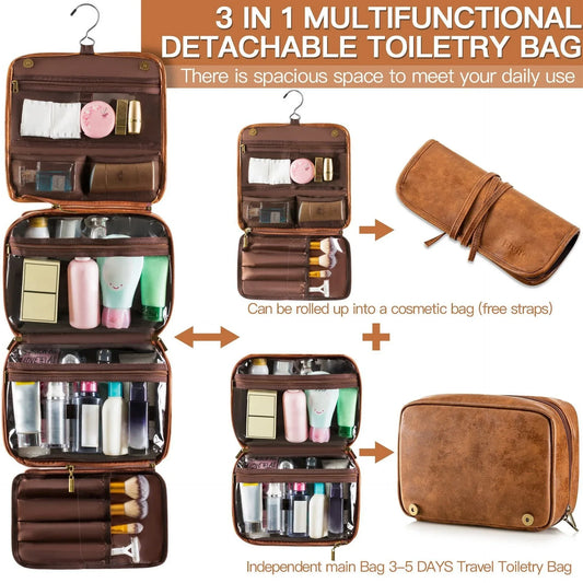 Black Large Hanging Toiletry Bag Waterproof Leather Travel Organiser 4 Compartment Cosmetic Case with Swivel Hook Ideal for Holidays - Mekamart Australia