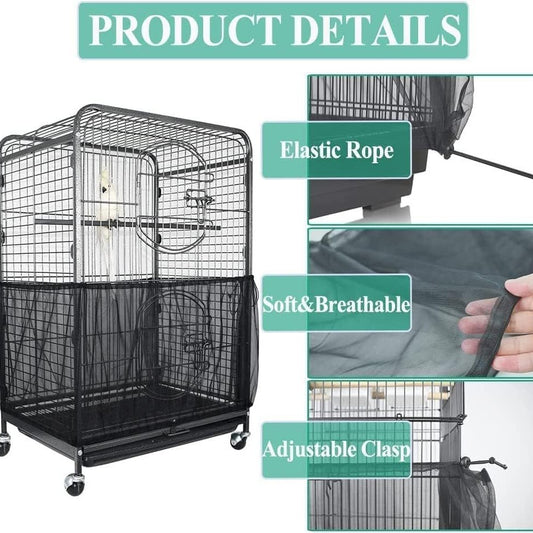M Black【Height 20, Circumference 170】 Large Bird Cage Seed Catcher Net Cover - Adjustable Mesh Guard Splash-Proof Dust Cover for Indoor Outdoor Cages