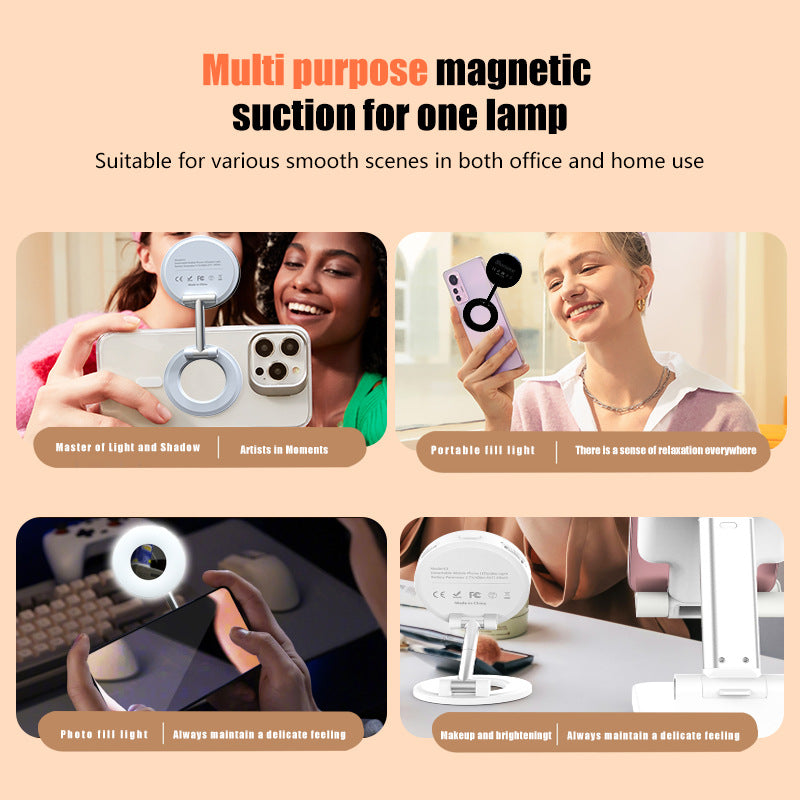 White 2-in-1 Folding Portable Selfie Light and Magnetic Phone Stand - Vlogging Ring Light with Adjustable Kickstand, Three-Color Soft Light & USB Rechargeable