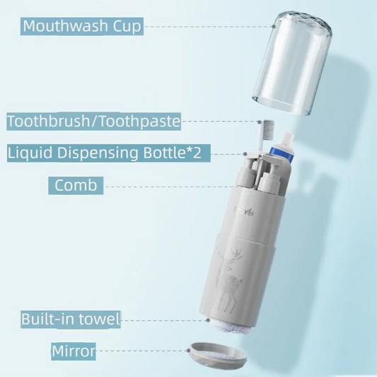 Green Deluxe 8-in-1 Travel Toiletry Set - Portable All-in-One Toothbrush Holder, Wash Cup, Towel and 2 * Refill Bottles for Travel & Camping - Mekamart Australia