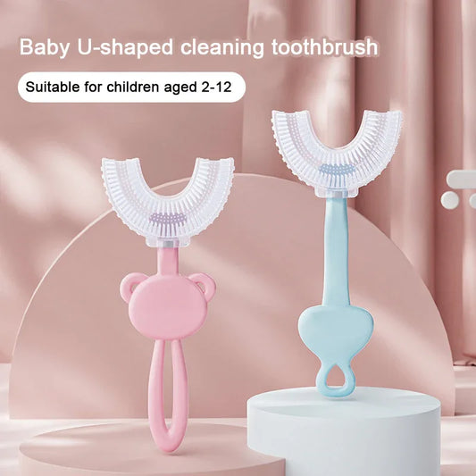 Pink tiger U-Shaped Kids Toothbrush - Food Grade Silicone Manual Toothbrush for 2-12 Year Olds - 360 degree Full Mouth Cleaning Baby Oral Care - Comes with Wall Mount Holder - Mekamart Australia
