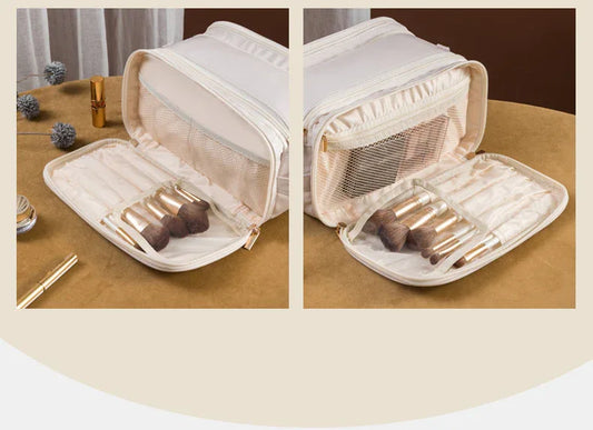 Brown Large Capacity PU Leather Makeup Bag Dual Zipper Cosmetic Case Waterproof Travel Toiletry Organiser with Brush Compartment - Mekamart Australia