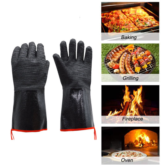 14 Inch Neoprene Heat Resistant BBQ Gloves - Waterproof & Oil Proof Long Sleeve Mitts - Extreme Heat Protection for Grilling, Boiling Water & Industrial Use (Black)