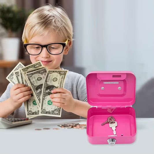 Pink Lockable Metal Cash Box with Coin Slot Portable Money Storage Box Small Savings Bank Key Lock Cash Holder Organiser for Coins Notes Home Office Use 115x85x58mm