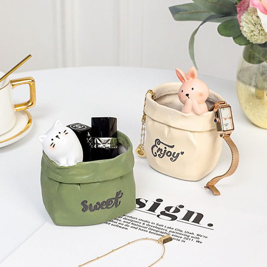 Creative Animal-Themed "Paper Bag" Pen Holder (Cat) — Resin Desktop Organizer | Cute Cartoon Pencil Cup, Planter, & Storage Container | Home & Office Desktop Decor