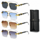 4PCS Square Rimless Diamond Cut Sunglasses with Black PU Leather Storage Case - Gold Frame Marble Sunscreen Glasses for Men & Women