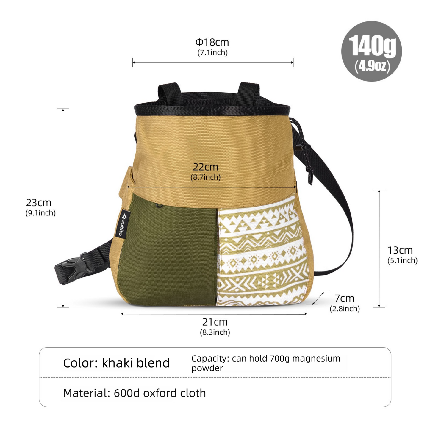 Khaki Large Rock Climbing Chalk Bag with Wide Opening, Quick Access Magnesium Powder Pouch for Bouldering, Climbing and Outdoor Training