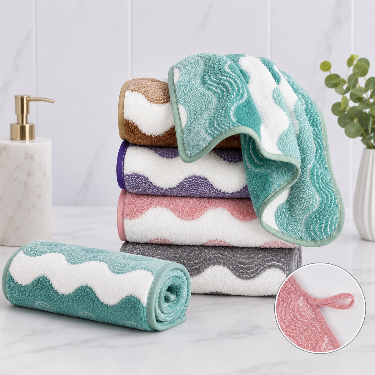 5 Mixed Colors Wave Pattern Towels - Thick Soft Absorbent Face Towels with Bound Edges, Quick-Drying Skin-Friendly Towels for Bathroom, Washing and Shower Use