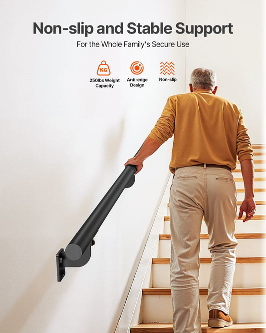 Wall Mounted Stair Handrail, 3665mm Pipe Staircase Handrail, Black Galvanized Aluminum, 32mm Pipe Diameter, Indoor&Outdoor Staircase Railing, Industrial Hand Rail for Steps, Security Baluster
