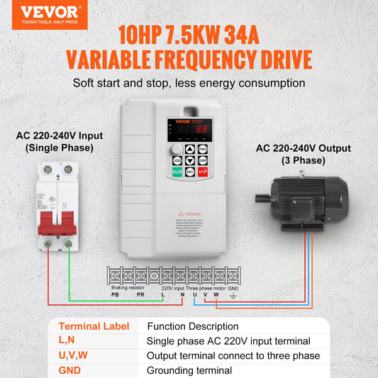 VFD 10HP, 7.5KW, 34A, 1 Phase 220V-240V Input to 3 Phase 220V-240V Output Variable Frequency Drive, 0-400Hz VFD for AC Motor Speed Control