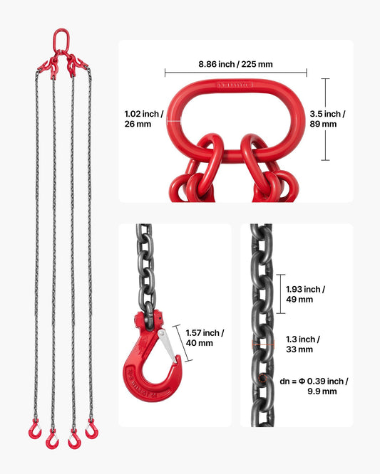 Chain Sling, 10mm x 3 m Lifting Chains with 4 Leg Grab Hooks, Heavy Duty G80 Alloy Steel Lifting Sling, 10.4 Ton Capacity, Adjustable Engine Chain Hoist Lifts for Cargo Security Towing