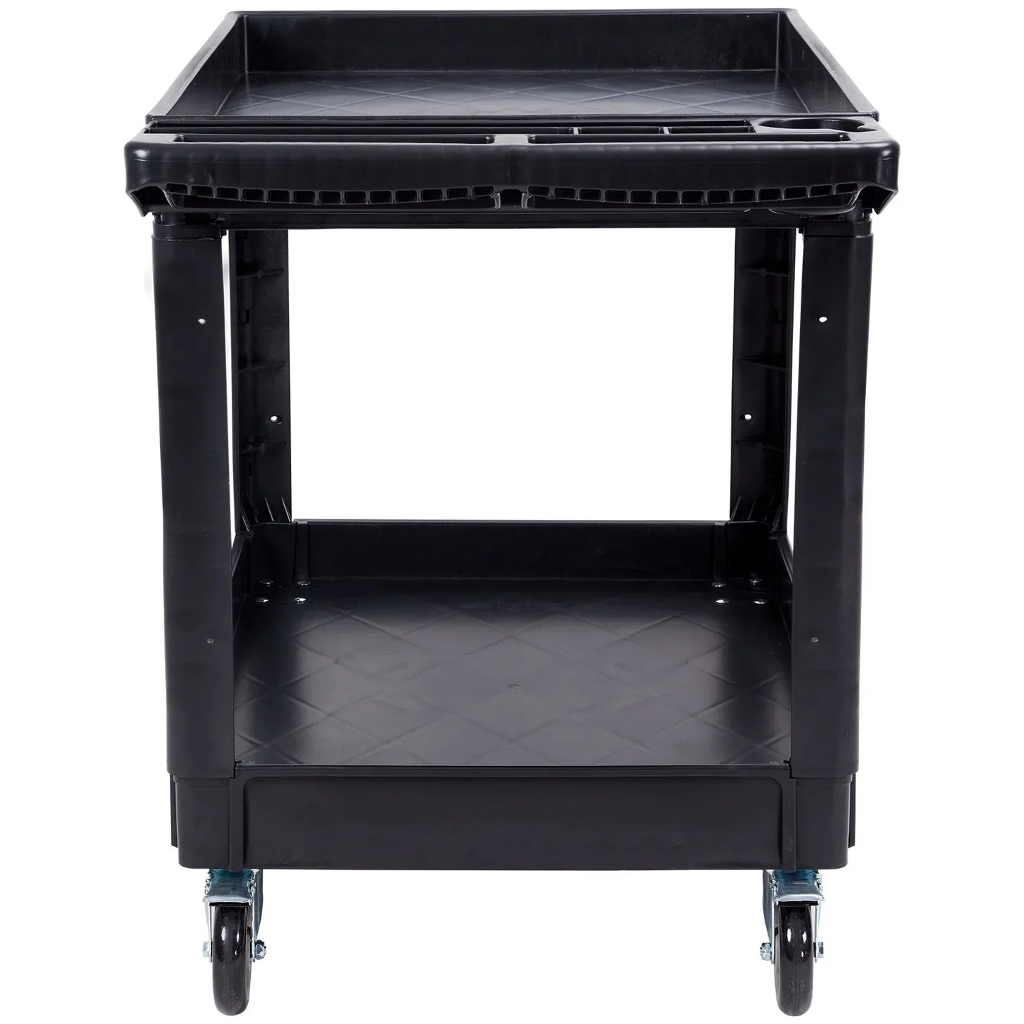 VEVOR Utility Service Cart, 2 Shelf 550LBS Heavy Duty Plastic Rolling Utility Cart with 360° Swivel Wheels (2 with Brakes), Large Lipped Shelf, Ergonomic Storage Handle for Warehouse/Garage/Cleaning - Mekamart Australia