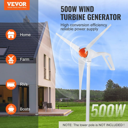 VEVOR 500W Wind Turbine Generator, 12V Wind Turbine Kit, 3-Blade Wind Power Generator with Anemometer, MPPT Controller & Adjustable Windward Direction, Suitable for Home, Farm, RVs, Boats - Mekamart Australia