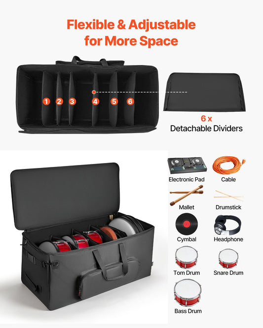 Electronic Drum Kit Bag, 600D, Padded Drum Bag with Wheels, Large 920 x 420 x 410 mm Interior, Lightweight Travel Case with Detachable Dividers, and Multiple Pockets, for Electric Drums, Black