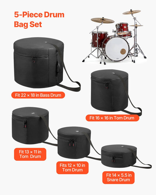 5-Piece Drum Case Set, 600D, Padded Drum Bags for Bass, Tom, and Snare, Thick Padding, Lightweight Protective Covers, Travel Storage Cases with Portable Handle, for Drums Accessories Protection