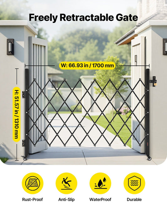 Single Folding Security Gate, Lockable Scissor Gate with 360 degree Swivel Casters, Outdoor Barricade Steel Retractable Gates, for Entry Security, Garage, Warehouse & Pool, 1700 x 1310 mm (W x H)