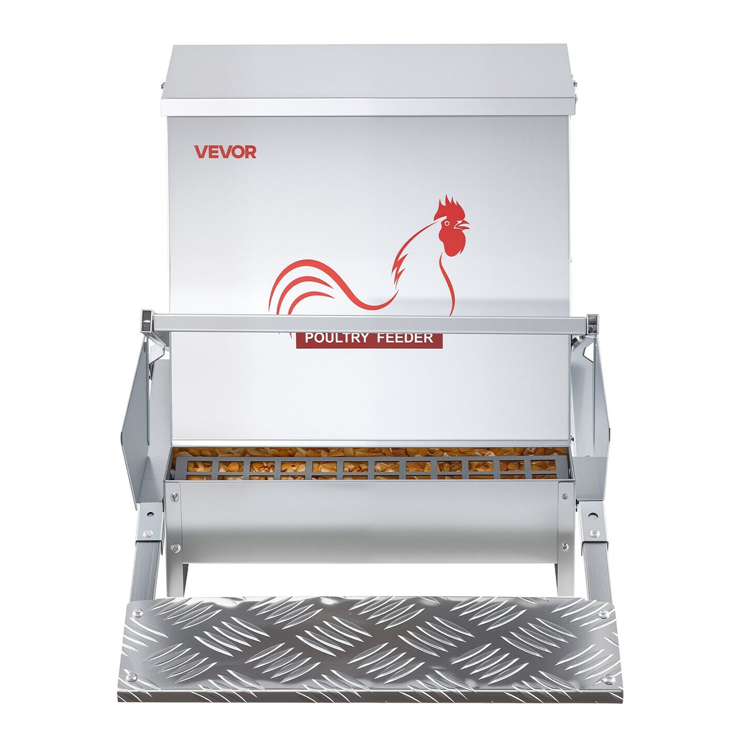 Automatic Chicken Feeder, 18.14 kg Capacity, Rainproof Treadle Poultry Feeder with Lockable Lid, No Waste, Galvanized Steel Construction, Outdoor Use, for Chicken, Bantams, Poultry, Pheasants