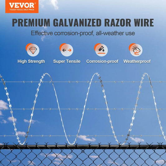 VEVOR Razor Wires, 98 ft Razor Barbed Wire, 2 Rolls Razor Wire Fencing Razor Fence, Razor Ribbon Barbed Wire Galvanized Razor Wire Fence, Rolls Razor for Garden - Mekamart Australia