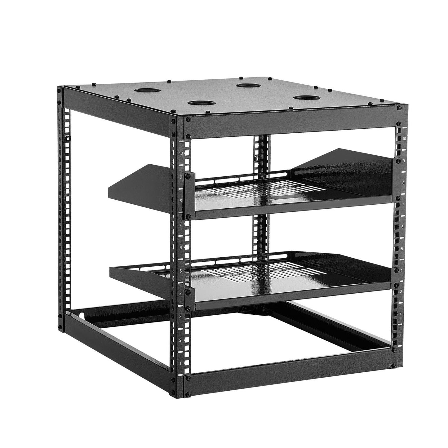 10U Open Frame Network Rack, 585 mm Depth, Wall Mounted or Floor Standing Server Rack, Heavy Duty 4 Post, with Vented Shelves & Mounting Hardware, Holds All Your Networking IT Equipment AV Gear