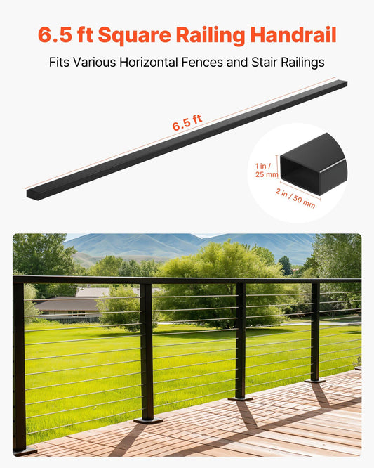 198 cm Stainless Steel Handrail, Rectangular Top Stair Deck Hand Rail for Outdoor/Indoor Steps with End Cap,Matte Black Coating Adjustable Metal Stair Rail for Cable Railing Kit