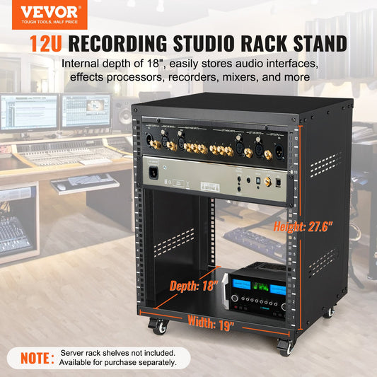 12U AV Rack Stand, 136.08kg Capacity, Network Stereo Recording Studio Rack with Lockable Caster Wheels Round & Square Holes, Special Vent for 482.6 mm Audio Video Musical & IT Equipment Mounting
