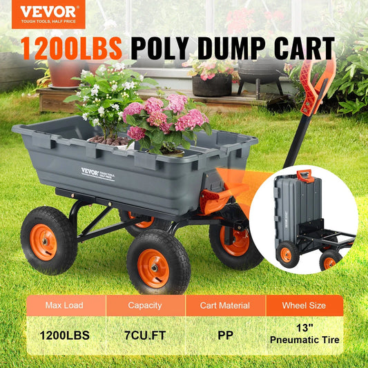 VEVOR Dump Cart, Poly Garden Dump Cart with Easy to Assemble Steel Frame, Dump Wagon with 2-in-1 Convertible Handle, Utility Wheelbarrow 544kg/ 1200lbs Capacity, 33cm/ 13 inch Tires - Mekamart Australia