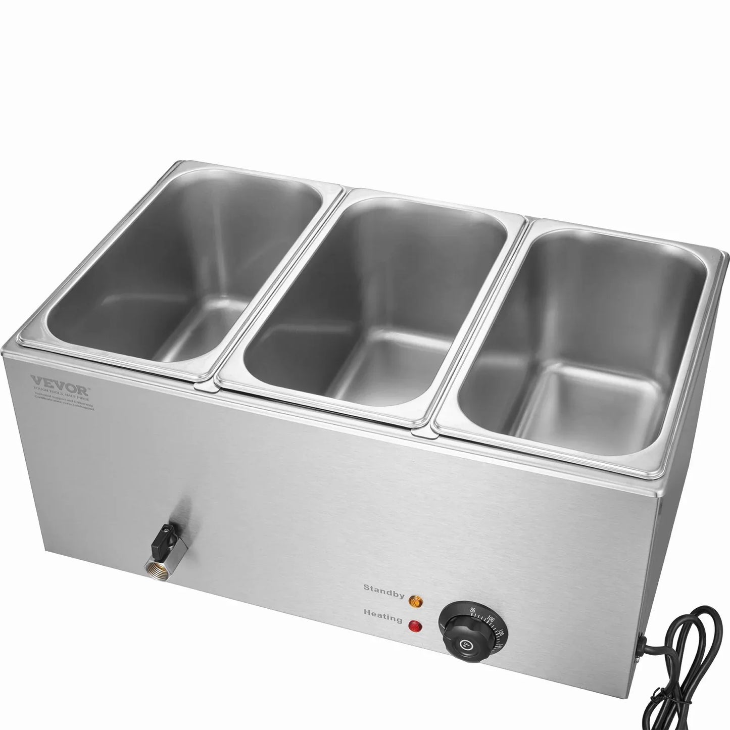VEVOR 3-Pan Commercial Food Warmer, 16.5L Electric Steam Table, 1200W Professional Countertop Stainless Steel Buffet Bain Marie with 30 - 85℃ Temp Control for Catering and Restaurants, Silver - Mekamart Australia