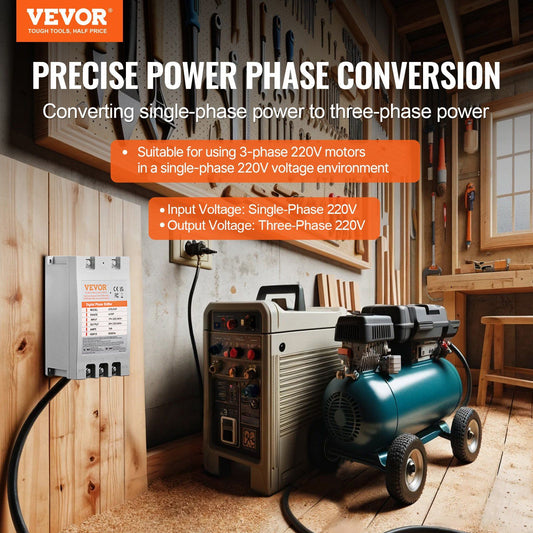 3 Phase Converter - 5HP 15A 220V Single Phase to 3 Phase Converter, Digital Phase Shifter for Residential and Light Commercial Use, 220V Input/Output (One Converter for One Motor Only)