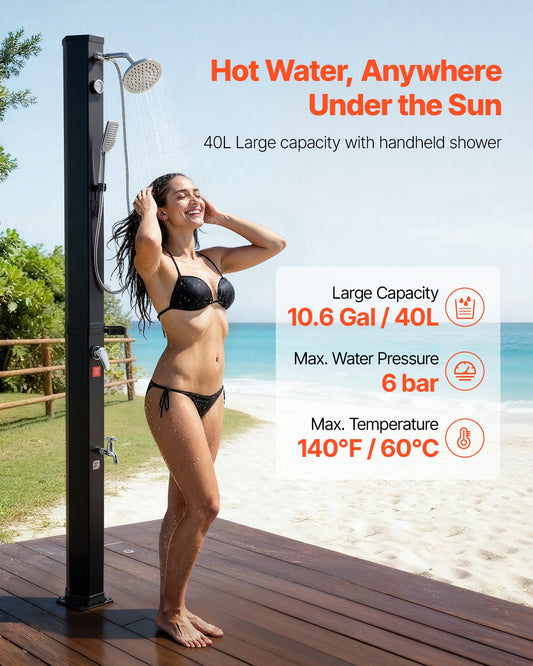 40L Solar Heated Shower, 205cm Showerhead Height Outdoor Shower, with Handheld & Foot Faucet, Hot & Cold Water Adjustment, Freestanding for Backyard Poolside Beach Pool, Black