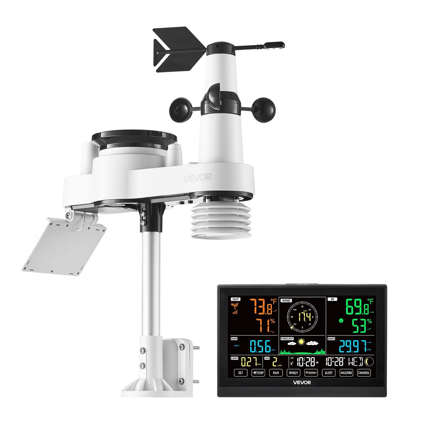 7-in-1 Wireless Weather Station, 190.5 mm VA Display, Solar Powered Outdoor Sensor, Rain Gauge, Indoor Outdoor for Weather Forecast, Temperature, Humidity, Wind Speed and Direction (No WiFi)