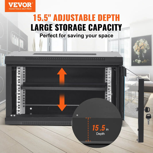 VEVOR 6U Wall Mount Network Server Cabinet, 15.5'' Deep, Server Rack Cabinet Enclosure, 200 lbs Max. Ground-mounted Load Capacity, with Locking Glass Door Side Panels, for IT Equipment, A/V Devices - Mekamart Australia
