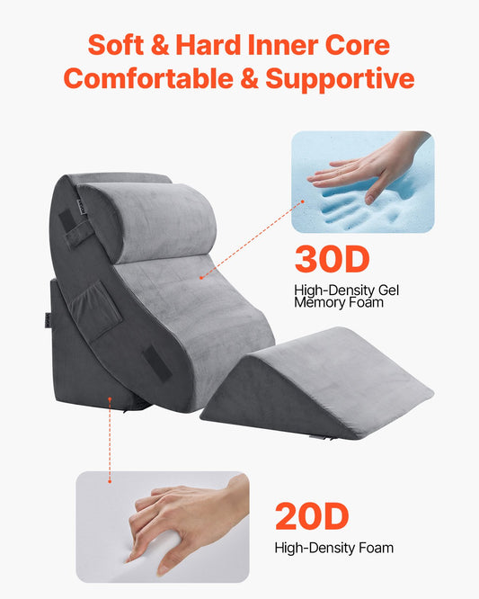 Wedge Pillow for Sleeping, 4 Pcs Adjustable Orthopedic Bed Wedge Set, Support Leg Neck Shoulder, Post Surgery Pillow for Back Pain, Acid Reflux, Snoring Relief, Sitting up in Bed, Dark Grey