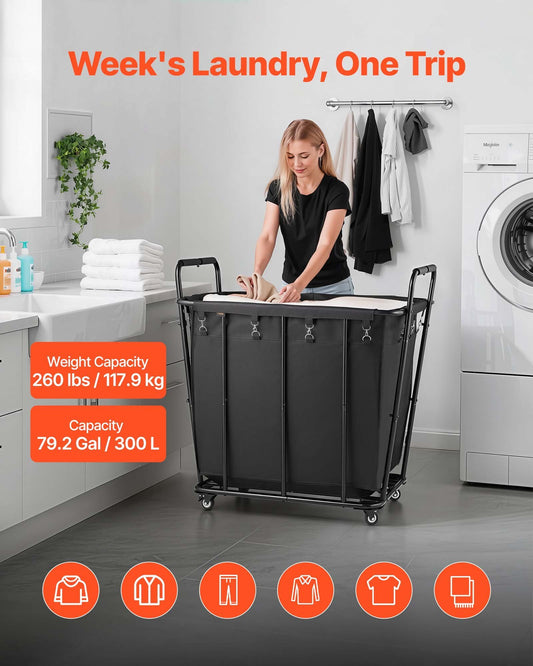 Laundry Cart, Rolling Grocery Utility Cart with Waterproof Liner & Swivel Wheels, 118 KG Large Load Capacity, Heavy Duty Shopping Basket for Laundry, Shopping, Camping, Grocery, Luggage, Black