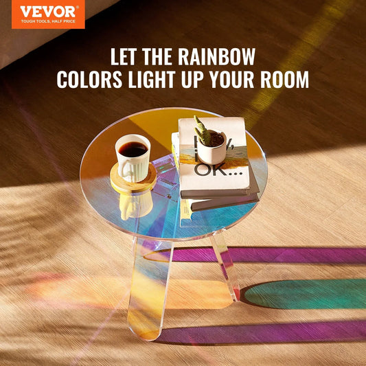 VEVOR Round Iridescent Side Table, Acrylic End Table, Clear Rainbow Acrylic Coffee Table for Drink, Food, Snack used in Living Room, Bedroom, and Study - Mekamart Australia
