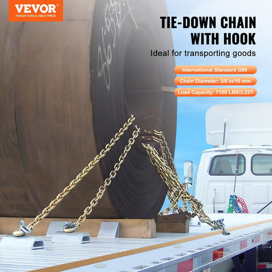 G80 Transport Binder Chain, 10 mm x 316 cm Tow Chain with Clevis Grab Hooks, 3.22T Safe Working Load, Heavy Duty Trailer Logging Chain for Transporting Towing Truck Tie Down Binding Equipment