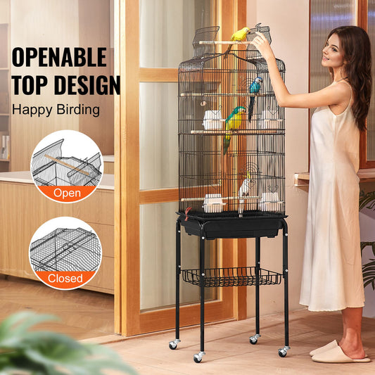 Large Bird Cage, 62 in, Open Top Parakeet Cage with Rolling Stand, Steel Bird Flight Cage with Removable Tray, Budgie Birdcage with 4 Perches, Parrot Cage for Lovebirds Cockatiels Pet Toy