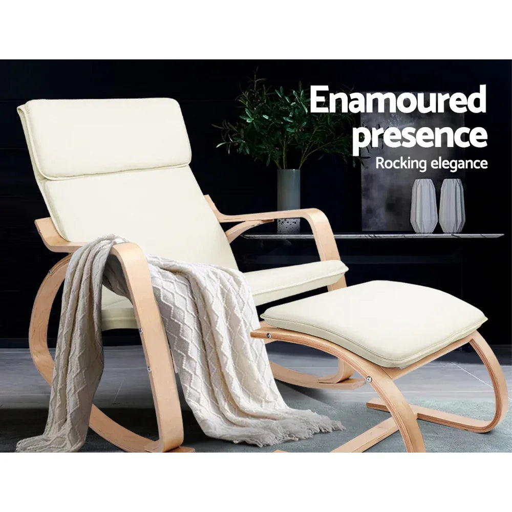Artiss Rocking Armchair Footstool Bentwood Beige - Mekamart Australia