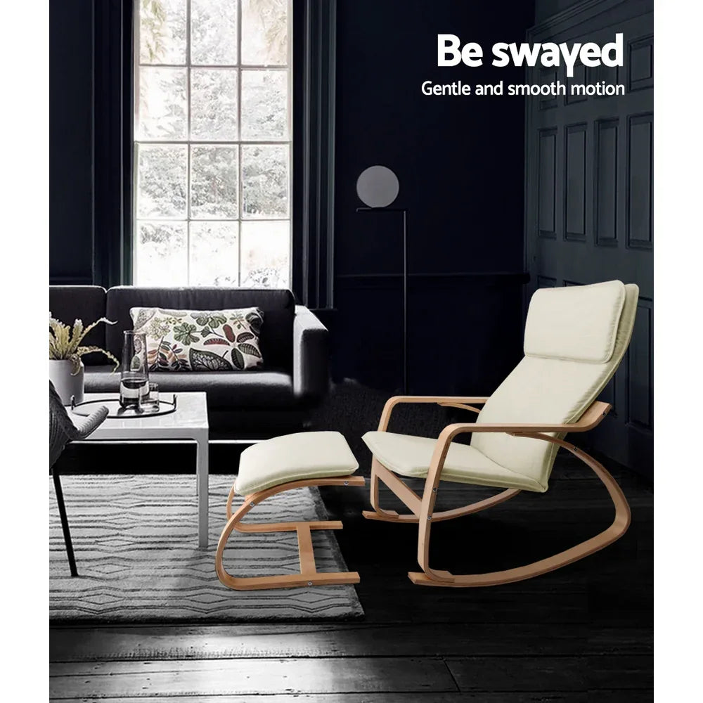 Artiss Rocking Armchair Footstool Bentwood Beige - Mekamart Australia
