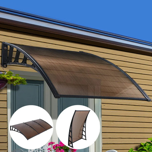 Instahut Window Door Awning Canopy 1.5mx3m Brown Sheet Black Plastic Frame - Mekamart Australia