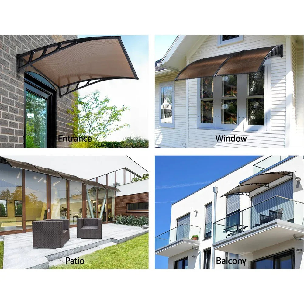 Instahut Window Door Awning Canopy 1.5mx4m Brown Sheet Black Plastic Frame - Mekamart Australia