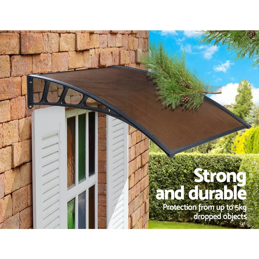 Instahut Window Door Awning Canopy 1.5mx4m Brown Sheet Black Plastic Frame - Mekamart Australia