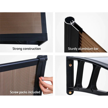 Instahut Window Door Awning Canopy 1.5mx4m Brown Sheet Black Plastic Frame - Mekamart Australia